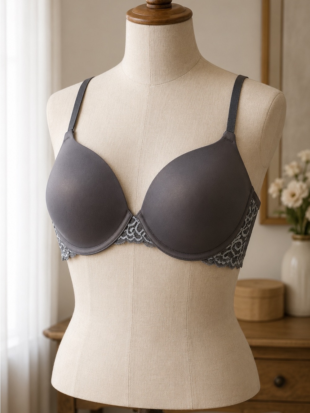 Maidenform Gray Smooth Molded-Cup Lace Underwire Bra Size 36C